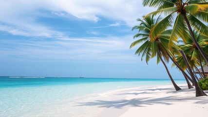 Obraz premium Beautiful tropical beach with palm trees lining the pristine white sand shore, beach, empty