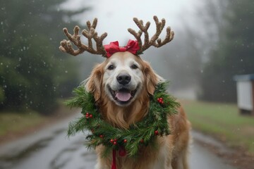 A golden retriever wearing reindeer antlers carries a holiday wreath.