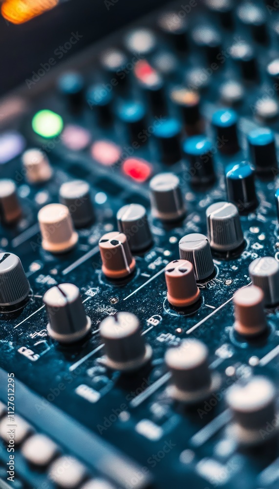 Poster captivating image of a sound board in a professional recording studio environment