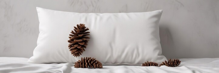 Plain white pillow with pine cone decoration mockup, mockup, Christmas, plain, white pillow, decoration