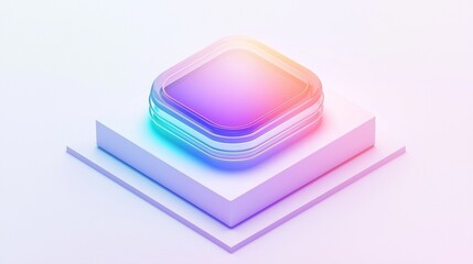 Abstract design featuring a colorful layered square on a white platform illuminated with soft gradients