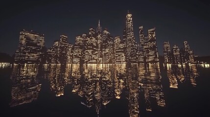 Twinkling city skyline at night with reflections in calm water