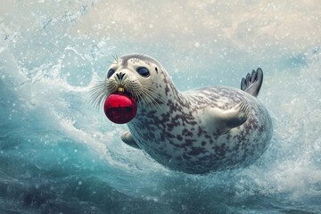 A playful seal balancing a holiday ornament on its nose swims through icy waves.