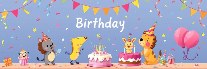 Obraz premium Birthday greeting card set featuring cute cartoon character animals, a delicious cake, and colorful confetti for a fun and festive celebration, cute, celebration