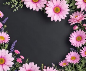 Pretty watercolor border featuring pink daisies and lavender roses, floral, lavender