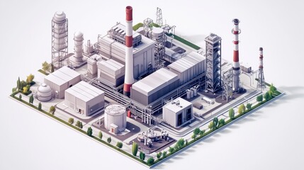 Industrial power plant layout showcasing complex structures and equipment in a modern facility setting