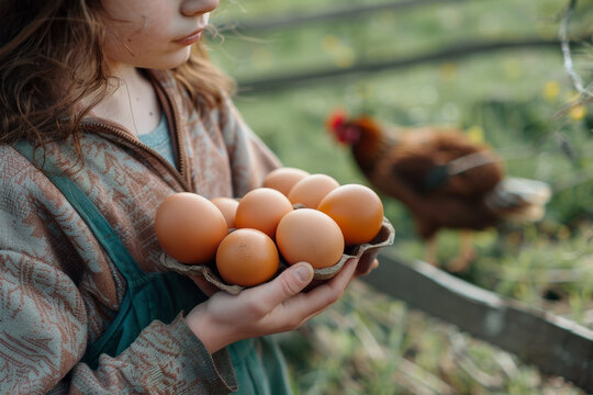 Teenage girl farmer collecting fresh organic eggs on chicken farm. Floor cage free poultry farming