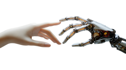 A symbolic depiction of a human hand and a robotic hand reaching out to touch, representing the merging of humanity and technology in a harmonious interaction.