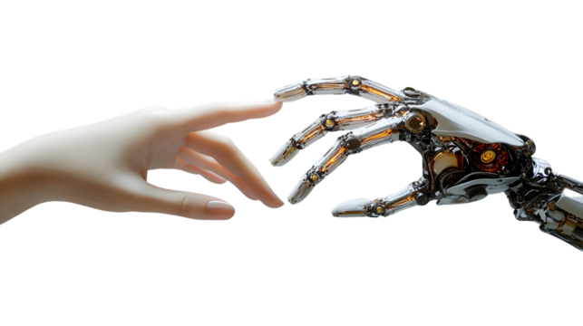 A symbolic depiction of a human hand and a robotic hand reaching out to touch, representing the merging of humanity and technology in a harmonious interaction.
