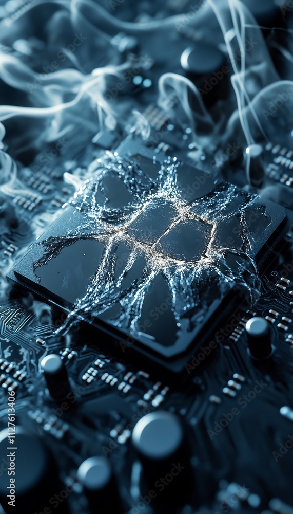 Poster close up of a damaged computer chip with cracks and smoke against a digital backdrop