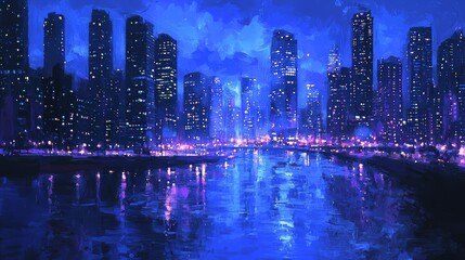 Fototapeta premium City skyline at night with illuminated buildings and reflections in water