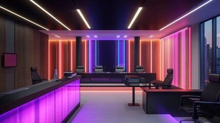 Modern Office Interior with Neon Lights