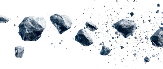 Flying asteroid debris field with various sized meteorite rocks scattered dynamically against white background, creating a sense of cosmic movement and dispersion. Generative AI.