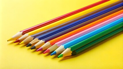 Fototapeta premium Colorful collection of colored pencils arranged neatly on a bright yellow background ready for art projects wallpaper background