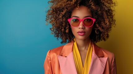 Confident woman with afro hairstyle wearing pink sunglasses and blazer against a vibrant blue and yellow background.