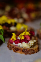 Brushetta, traditional Spanish tapas, Italian snacks, loaf of bread