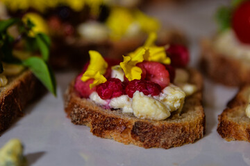 Brushetta, traditional Spanish tapas, Italian snacks, loaf of bread