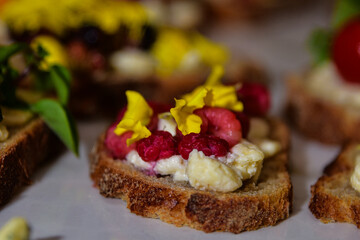 Brushetta, traditional Spanish tapas, Italian snacks, sweet bruschetta, loaf of bread