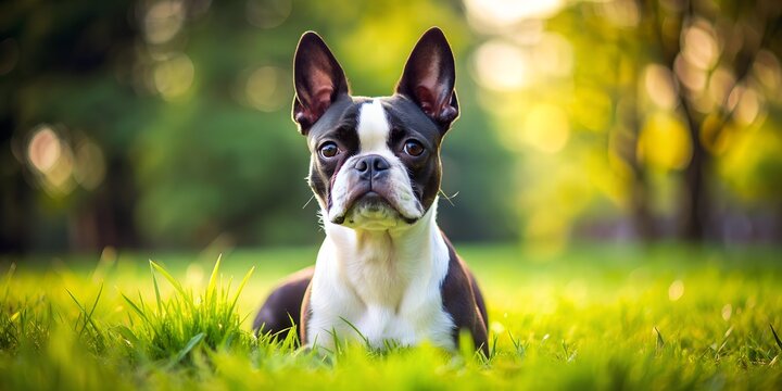 Boston terrier relaxing on green lawn surrounded by nature in a serene setting wallpaper background