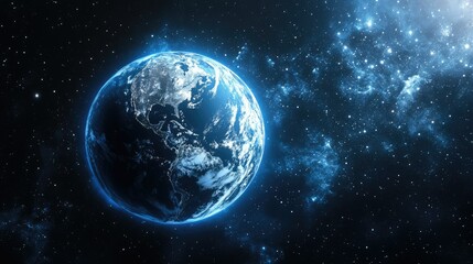 Earth glowing in dark space with nebula.