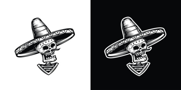 A skeleton with a moustache and a sombrero. Original vector illustration in vintage style. T-shirt design.