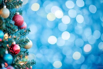 Obraz premium Festive christmas tree with colorful ornaments on blue bokeh background for holiday celebrations