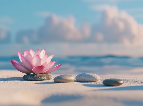 a pink lotus flower and balanced stones on the sand in front of a blue sky background, representing tranquility and meditation for a zen spa wellness center banner Generative AI - Powered by Adobe