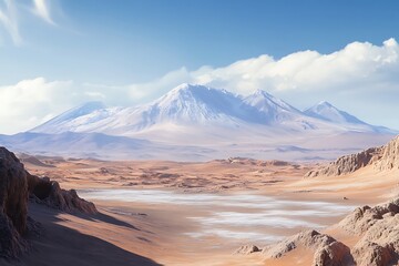 Fototapeta premium A stunning desert landscape with snow-capped mountains under a clear blue sky.