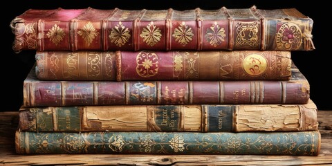 Fototapeta premium A Rustic Collection of Antique Books with Intricate Leather Covers and Ornate Gold Detailing Revealing Historical Significance and Aesthetic Craftsmanship on a Wooden Table Setting