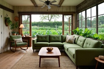 Fototapeta premium Rustic Cozy Family Room Featuring Timeless Teak Coffee Table and Green Sectional Couch with View of Serene Vegetable Garden