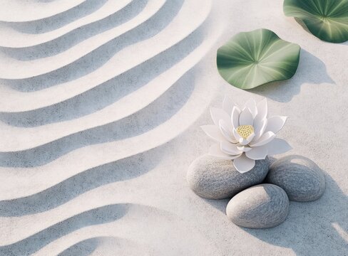 A serene Zen garden with balanced stones, raked sand patterns, and a blooming lotus flower symbolizing tranquility for spa promotional material Generative AI - Powered by Adobe
