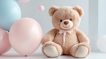Obraz premium Adorable plush teddy bear sitting among colorful balloons, perfect for children's celebrations, baby showers, or creating a cozy, playful atmosphere in any room.
