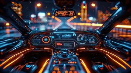 Futuristic car interior at night, glowing dashboard and city lights.
