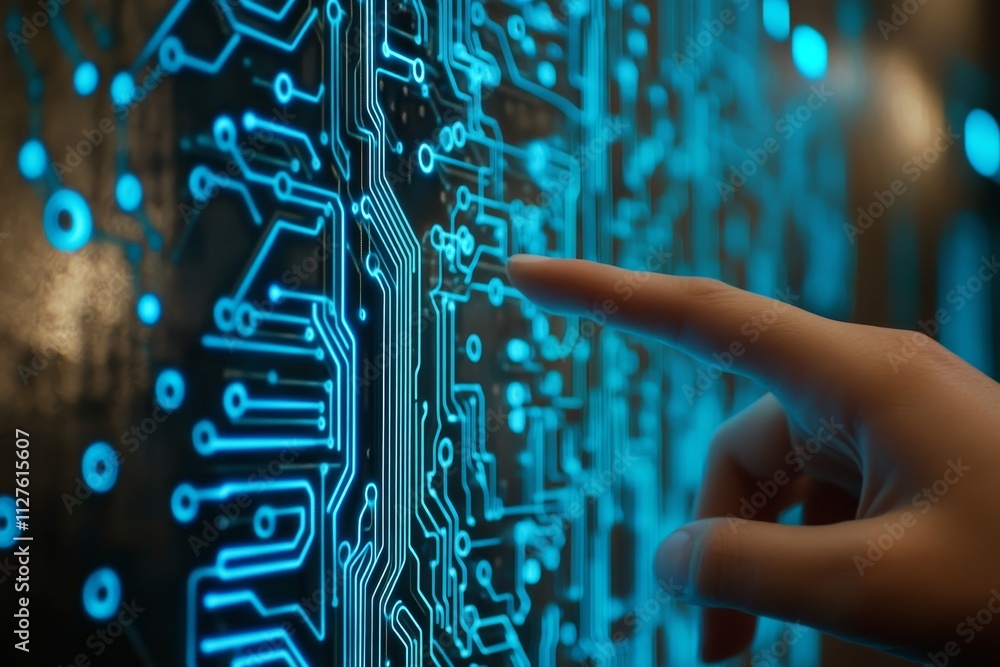 Poster hand gesturing towards a virtual data interface featuring blue circuit lines in photography