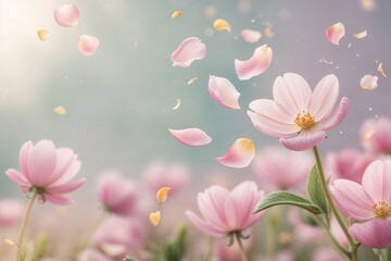 Whimsical Flower Petals Floating in Spring Air Over Soft Background