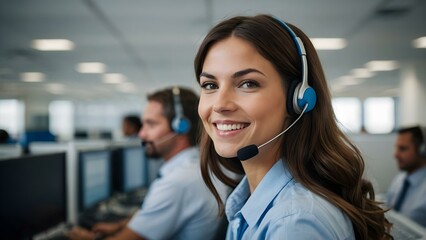 Wearing a headset, a brunette woman in blue manages customer communication with ease in a dynamic office.