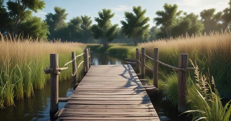 Fototapeta premium Rustic wooden bridge pier in the midst of reeds, weathered, wooden, marsh, wood