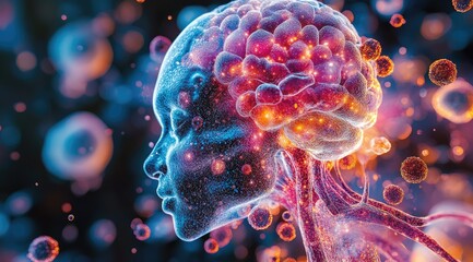 Glowing human head profile with brain activity, neural network, and cells.
