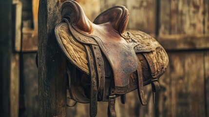 Leather Saddle Hanging on Wooden Post