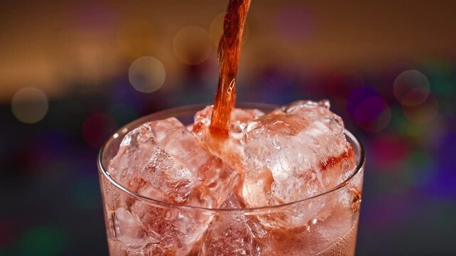 fresh cherry cola pouring into glass with ice, close up. Defocused colorful festive background