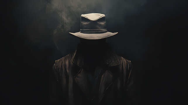 Mysterious figure in dark background wearing hat and coat, face obscured, creating intrigue and suspense. Mystify. Illustration