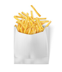 White paper bag for french fries packaging to takeaway. Food go, fried potato snack pack design mockup. Isolated. Realistic. PNG Illustration.