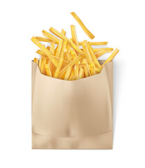 Kraft paper bag for french fries packaging to takeaway. Food go, fried potato snack pack design mockup. Isolated. Realistic. PNG Illustration.
