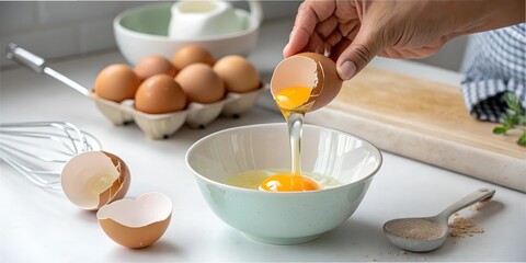 Macro shot of a hand cracking an egg into a bowl with fresh eggs and utensils nearby in bright kitchen setting background 