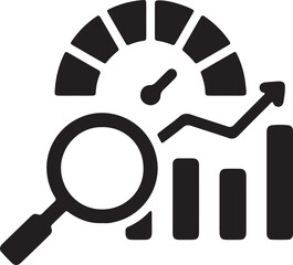 Illustration of a silhouette icon featuring a magnifying glass, a graph, and a dashboard speedometer