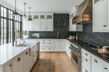 Fototapeta premium Modern kitchen with white cabinets, dark marble backsplash, and hardwood floors.
