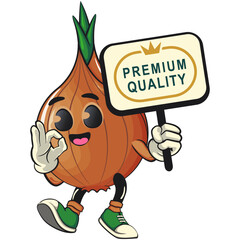 cute onion character carrying a sign board that says premium quality while giving an okay sign, cartoon vector illustration, work of hand drawn