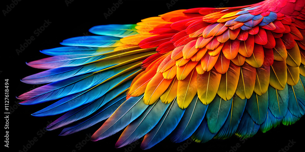 Poster vibrant parrot wing displaying a spectrum of colors against a sleek black background in minimalist s