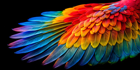 Fototapeta premium Vibrant parrot wing displaying a spectrum of colors against a sleek black background in minimalist style
