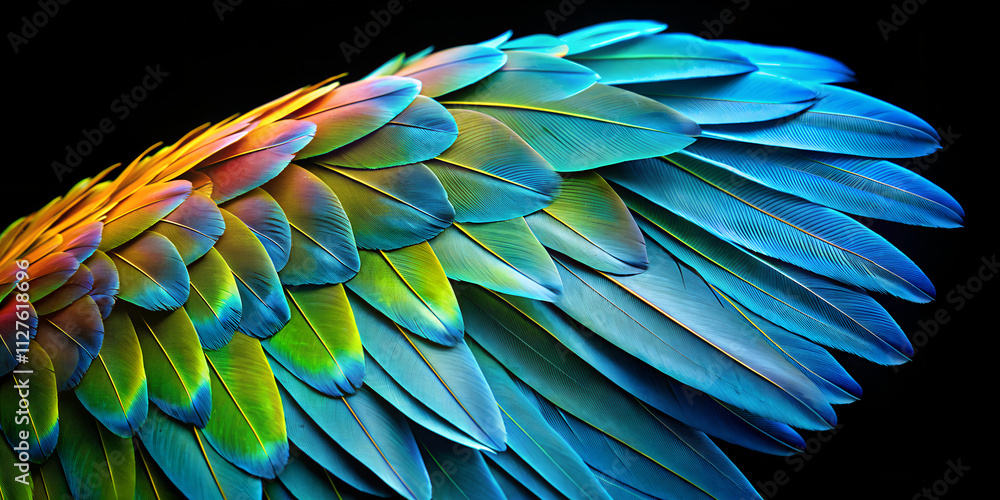 Poster colorful parrot wing displayed against a black background creating a striking minimalist effect